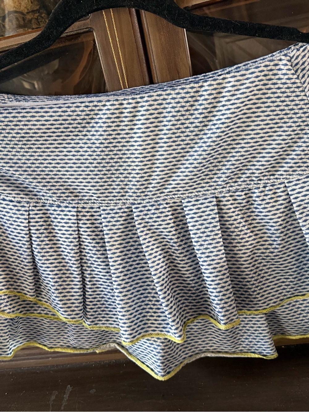 Lucky in Love Blue & White Printed Ruffle Skirt with Yellow-Green Trim